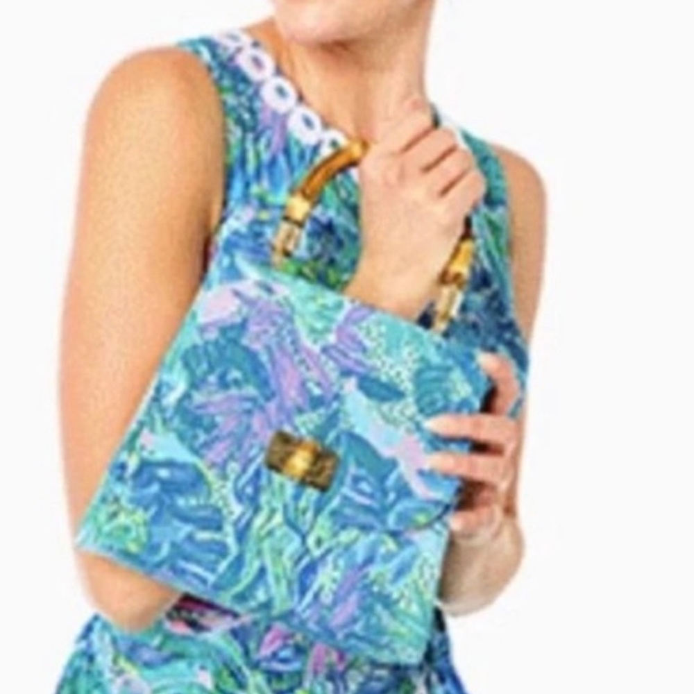LILLY PULITZER Blue Mini Bag Bamboo Top Handle Botanical Green Holiday Sun - Picture 6 of 6